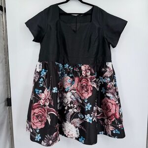 eShakti Custom Black Floral Dupioni Fit and Flare Short Sleeve Cocktail Dress